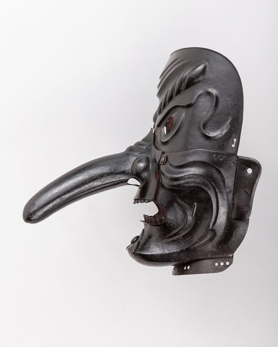 Mask in the Shape of a Mountain Demon's Face, Iron, lacquer, textile (silk), Japanese