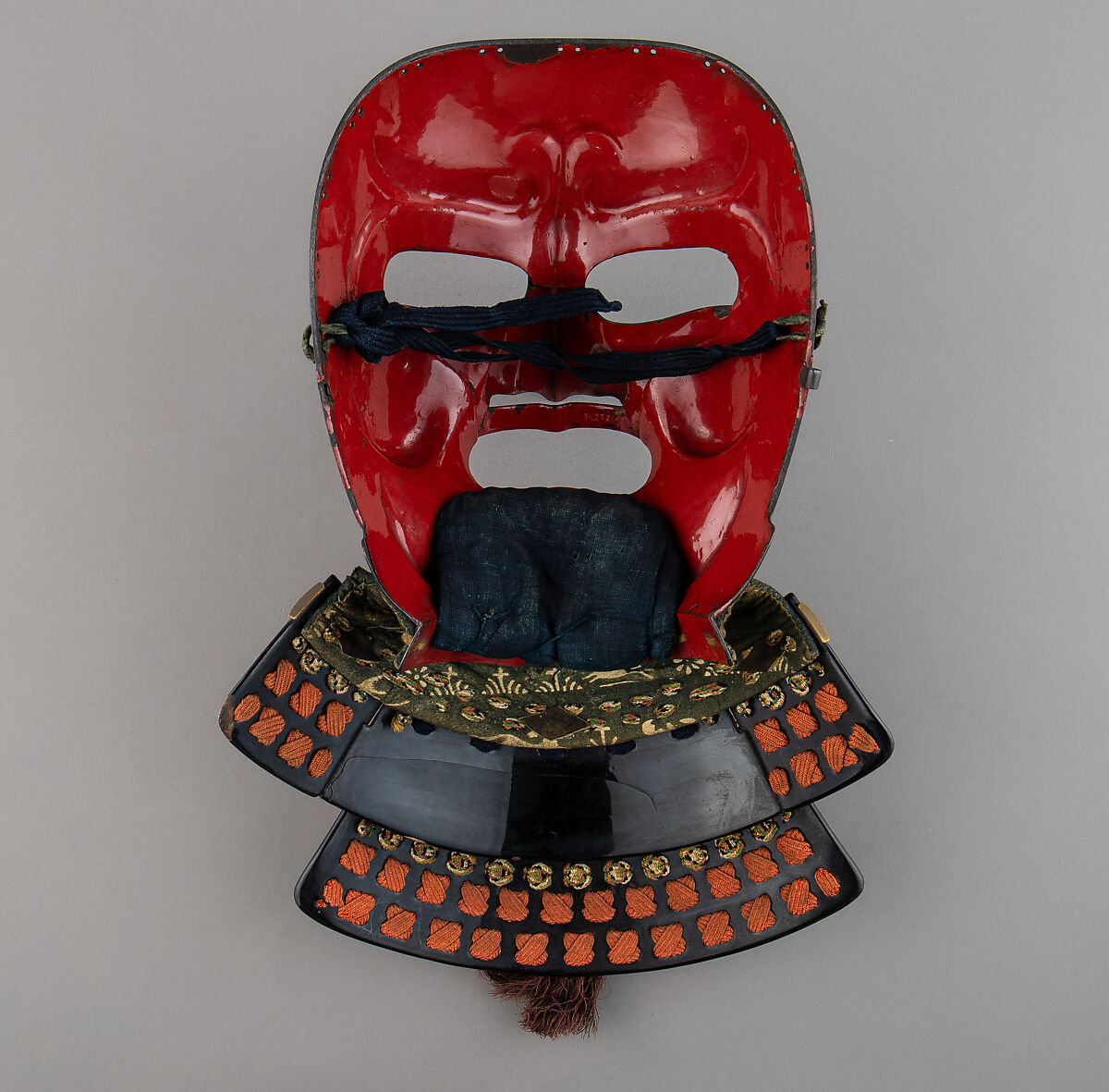 Full Mask (Sōmen) depicting Crow-nosed Goblin (Tenqu) with Gorget, Iron, lacquer, leather, brass, textile, Japanese