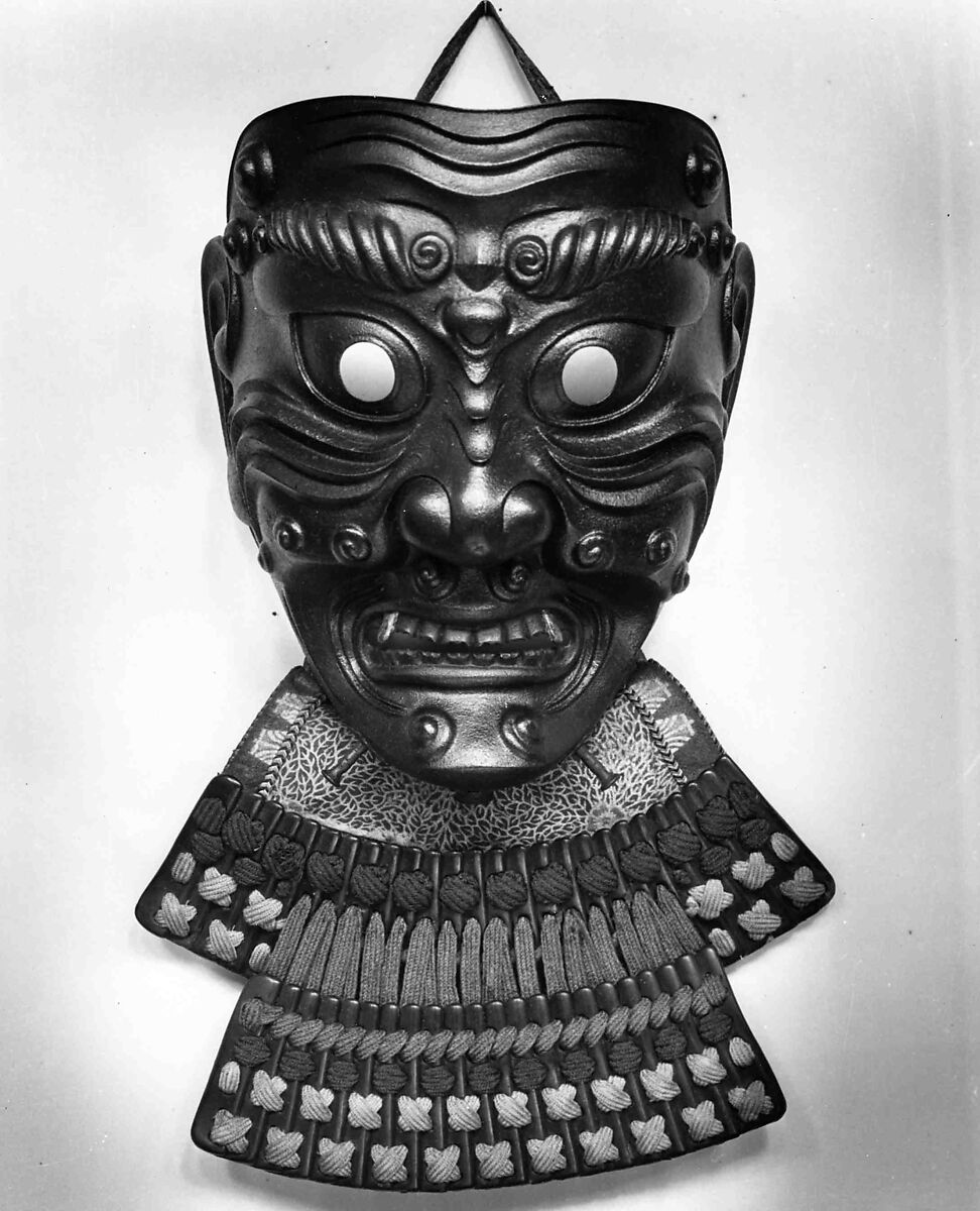 Mask with Neck Guard, Inscribed by Myōchin Munemitsu (Japanese, Edo period, 18th century), Iron, lacquer, gold, leather, textile (silk), Japanese