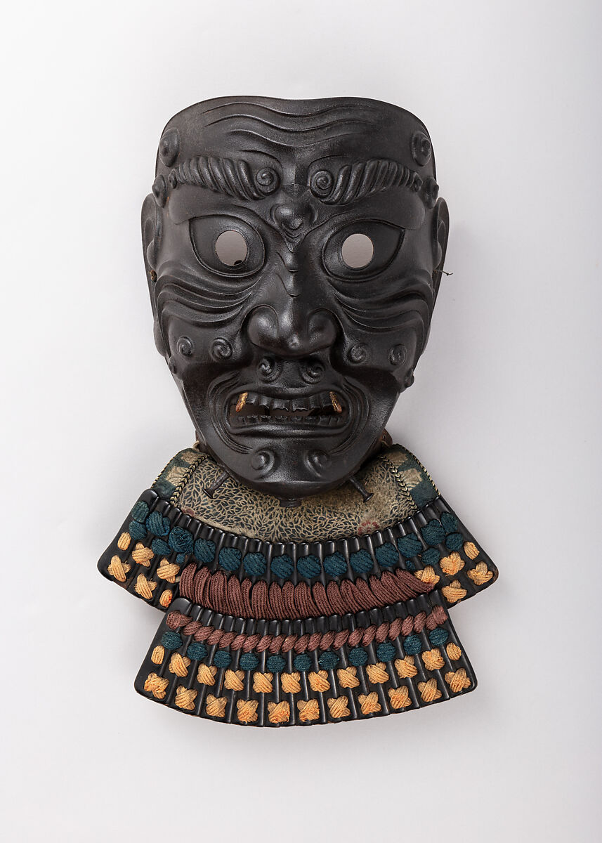 Mask with Neck Guard, Inscribed by Myōchin Munemitsu (Japanese, Edo period, 18th century), Iron, lacquer, gold, leather, textile (silk), Japanese 