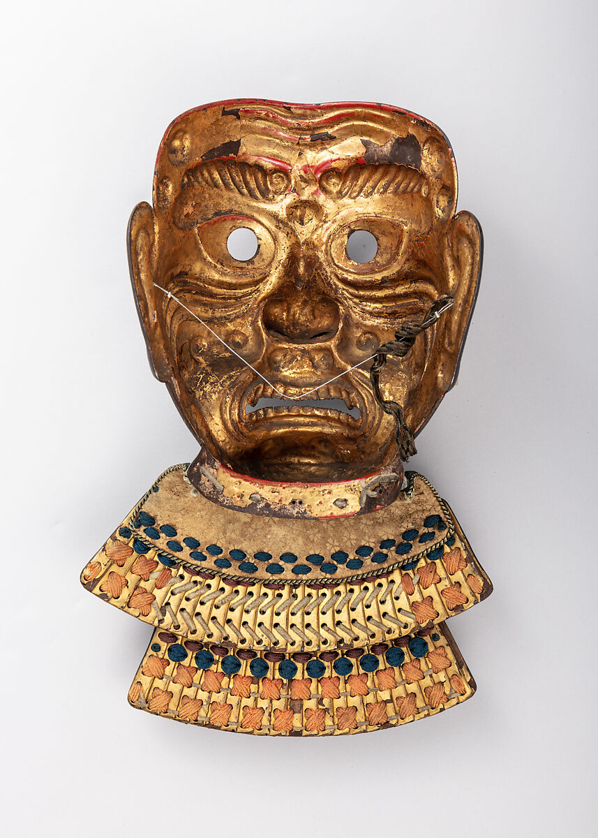 Mask with Neck Guard, Inscribed by Myōchin Munemitsu (Japanese, Edo period, 18th century), Iron, lacquer, gold, leather, textile (silk), Japanese