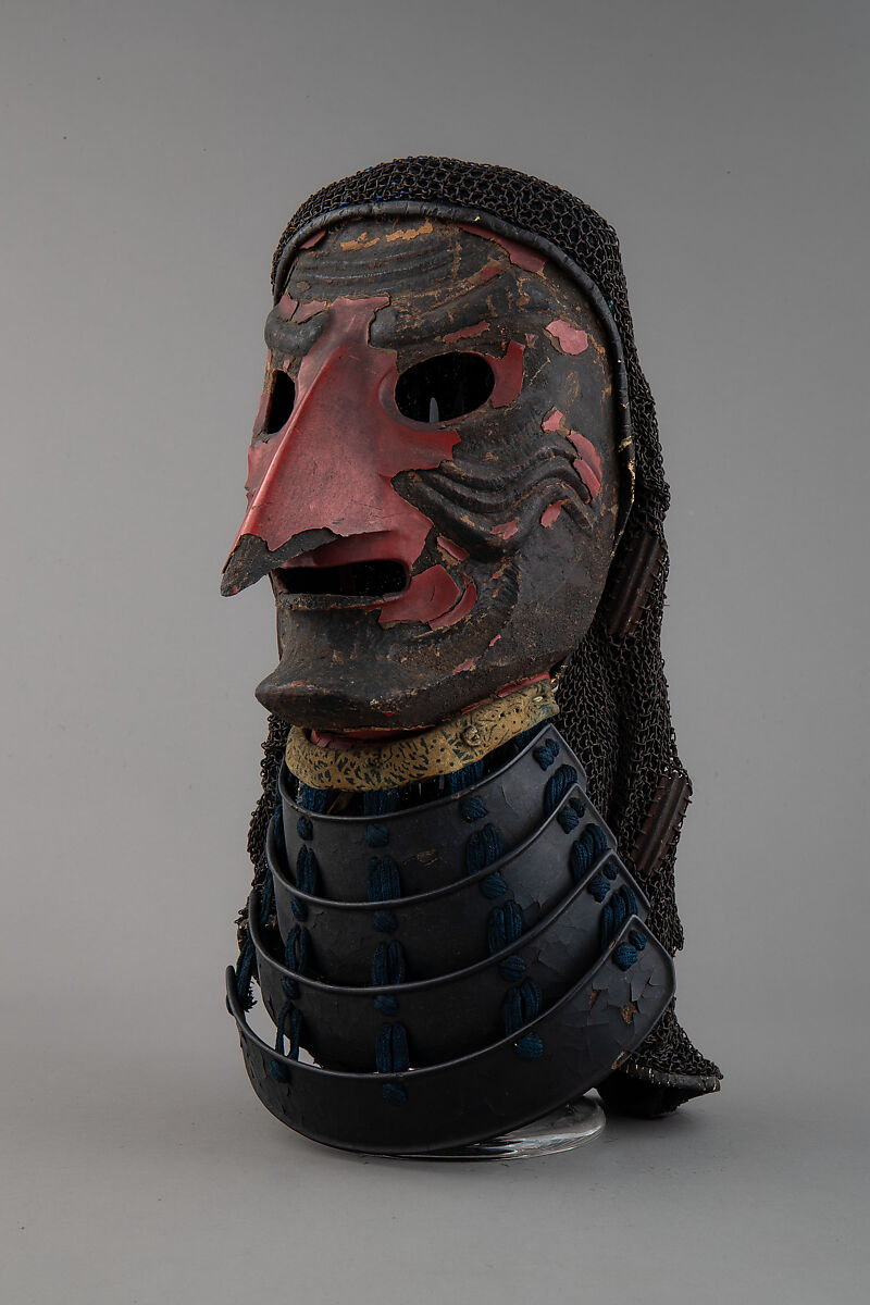 Full Mask (Sōmen) with Gorget and Mail Hood, Iron, lacquer, leather, silk, hemp, Japanese