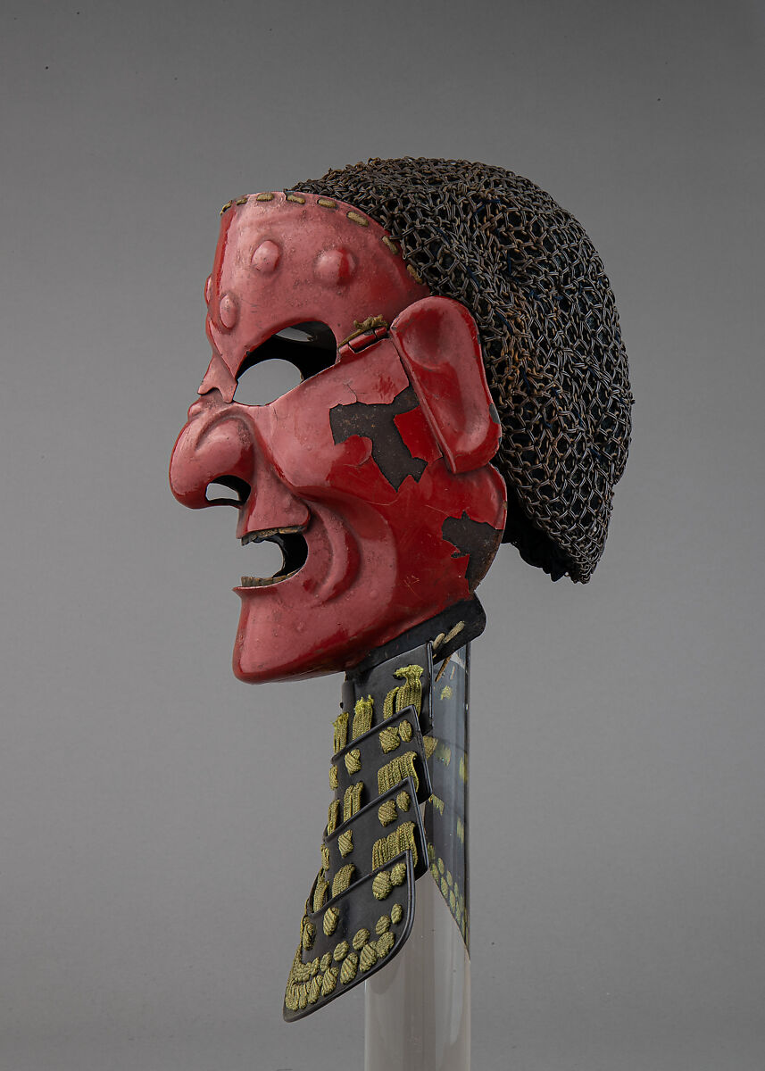 Full Mask (Sōmen) with Gorget and Mail Head Covering, Iron, lacquer, silk, hemp, leather, Japanese