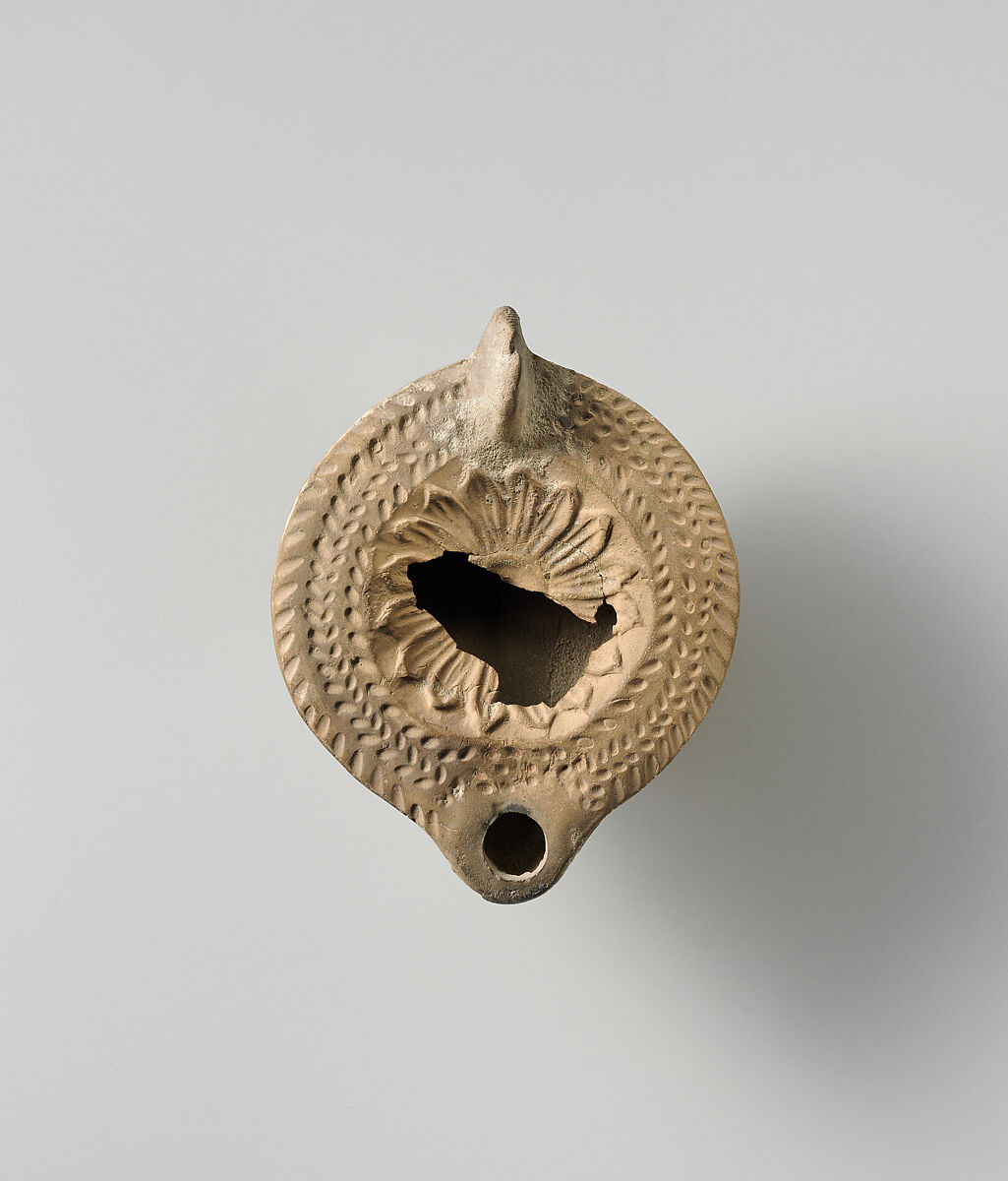 Terracotta oil lamp, Terracotta, mold-made, Roman 