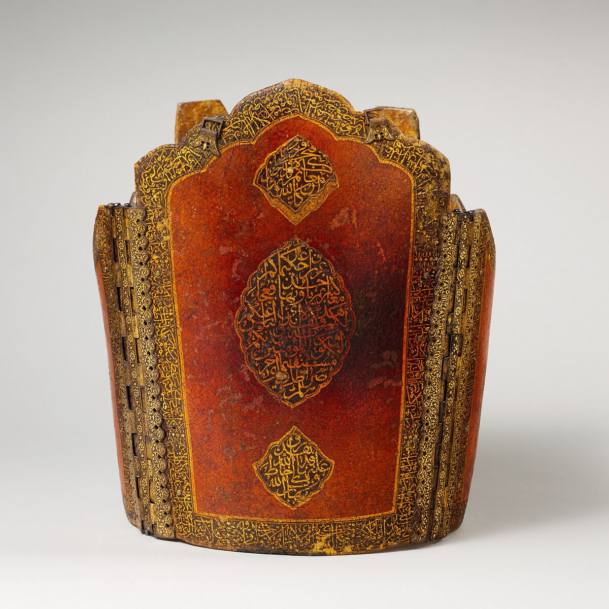 Cuirass, Leather, lacquer, pigment, iron, copper alloy, gold, Iranian