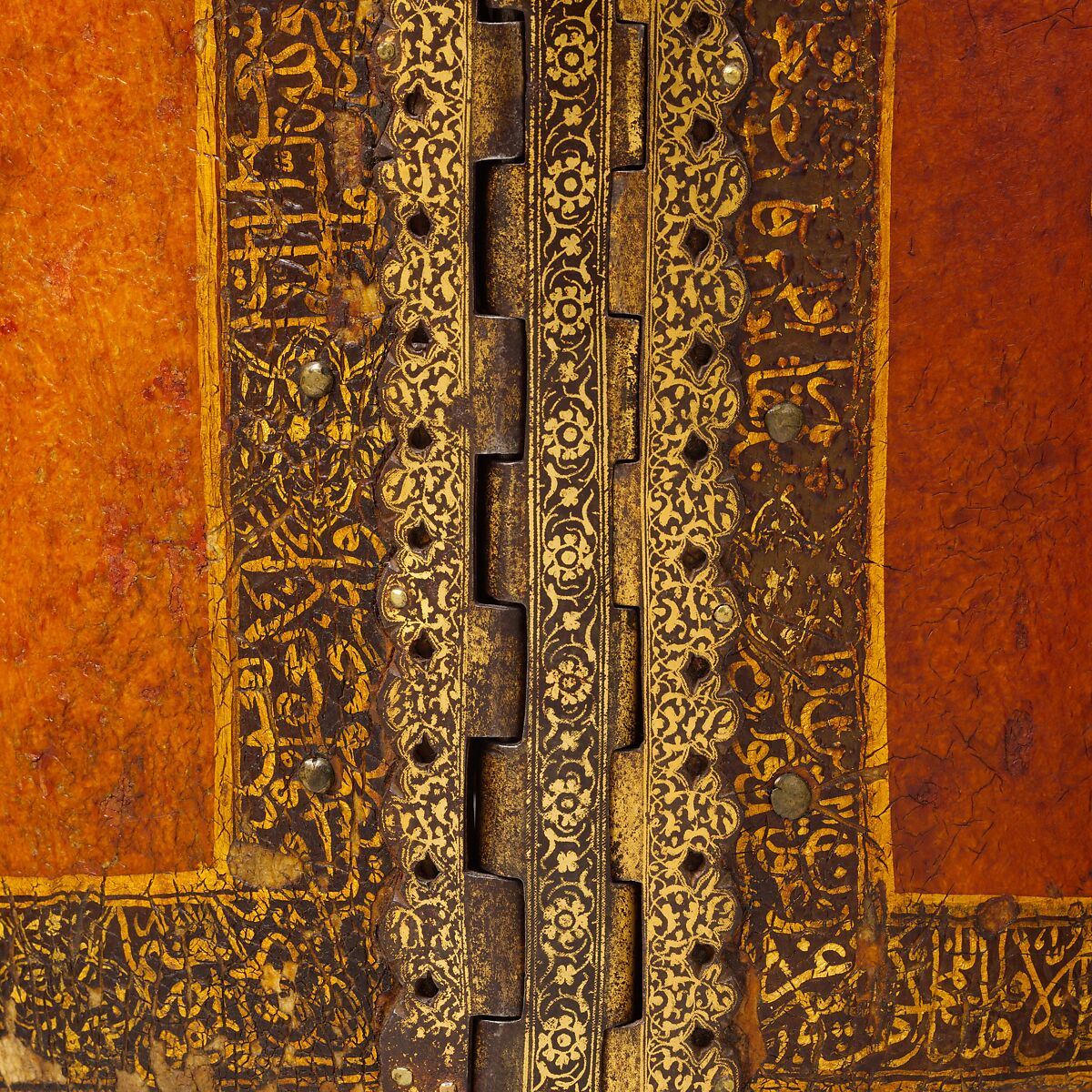 Cuirass, Leather, lacquer, pigment, iron, copper alloy, gold, Iranian