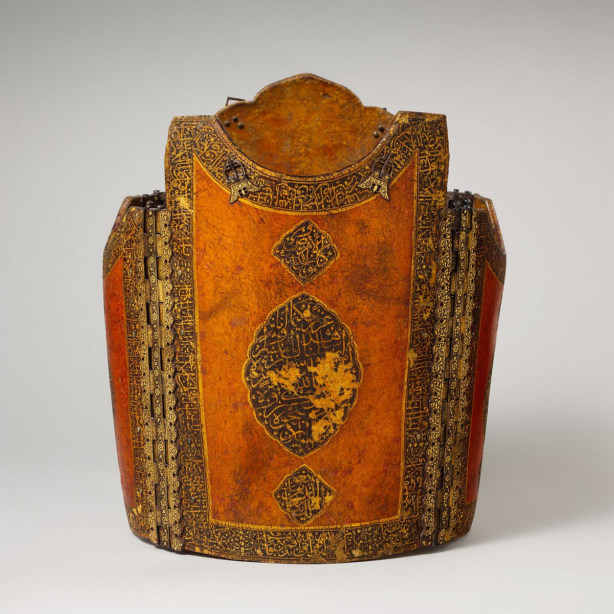 Cuirass, Leather, lacquer, pigment, iron, copper alloy, gold, Iranian
