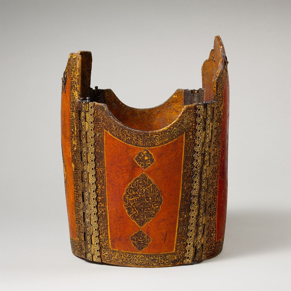 Cuirass, Leather, lacquer, pigment, iron, copper alloy, gold, Iranian