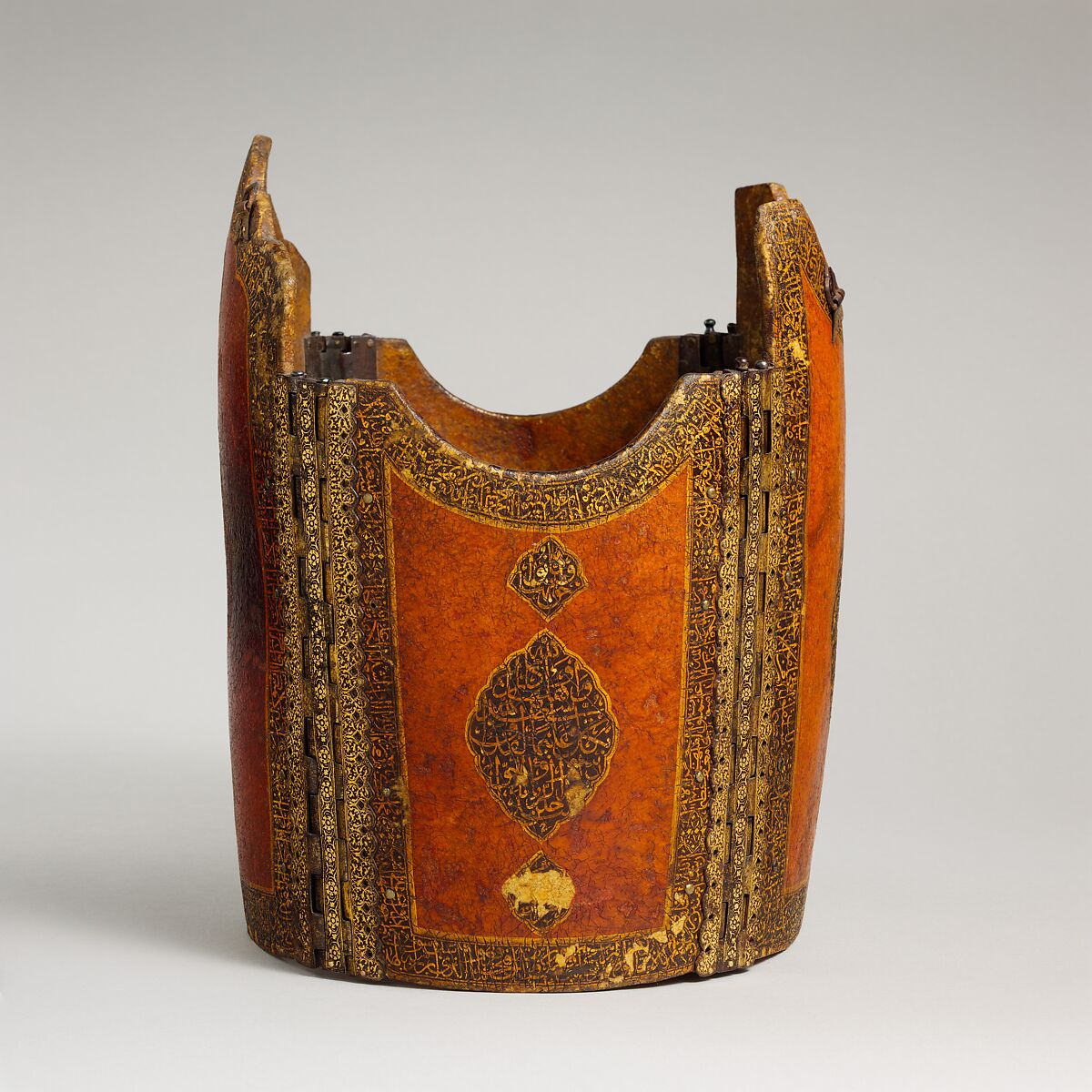 Cuirass, Leather, lacquer, pigment, iron, copper alloy, gold, Iranian