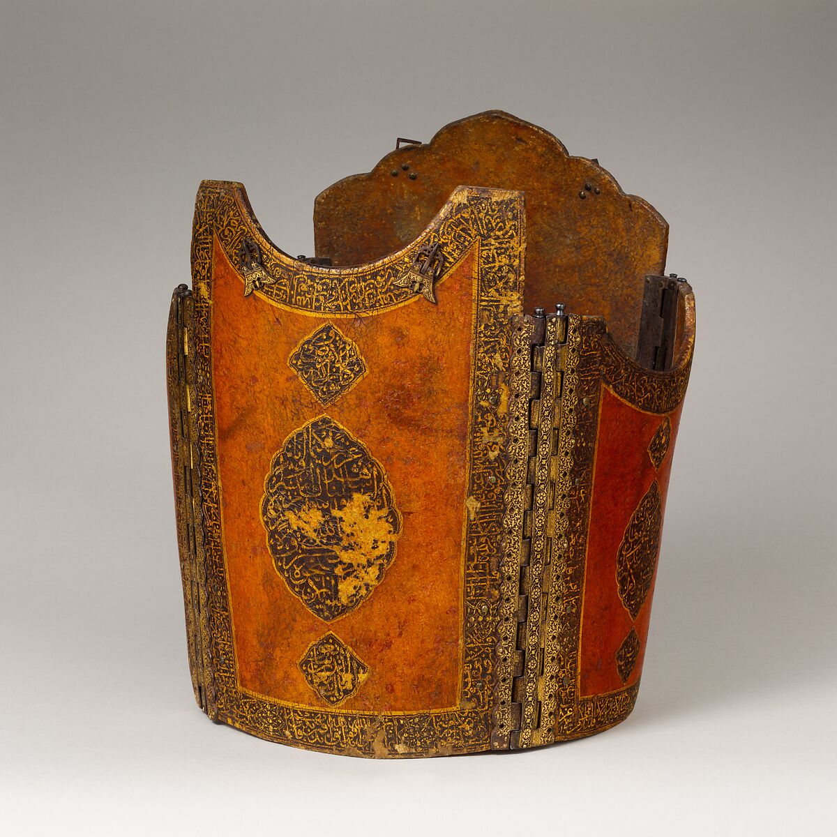 Cuirass, Leather, lacquer, pigment, iron, copper alloy, gold, Iranian 