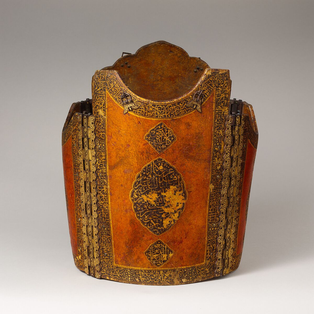Cuirass, Leather, lacquer, pigment, iron, copper alloy, gold, Iranian