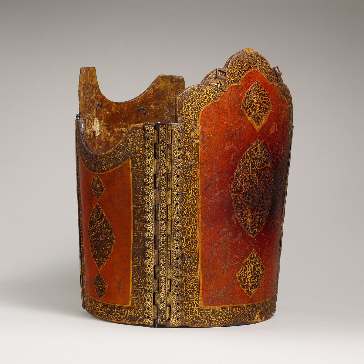 Cuirass, Leather, lacquer, pigment, iron, copper alloy, gold, Iranian