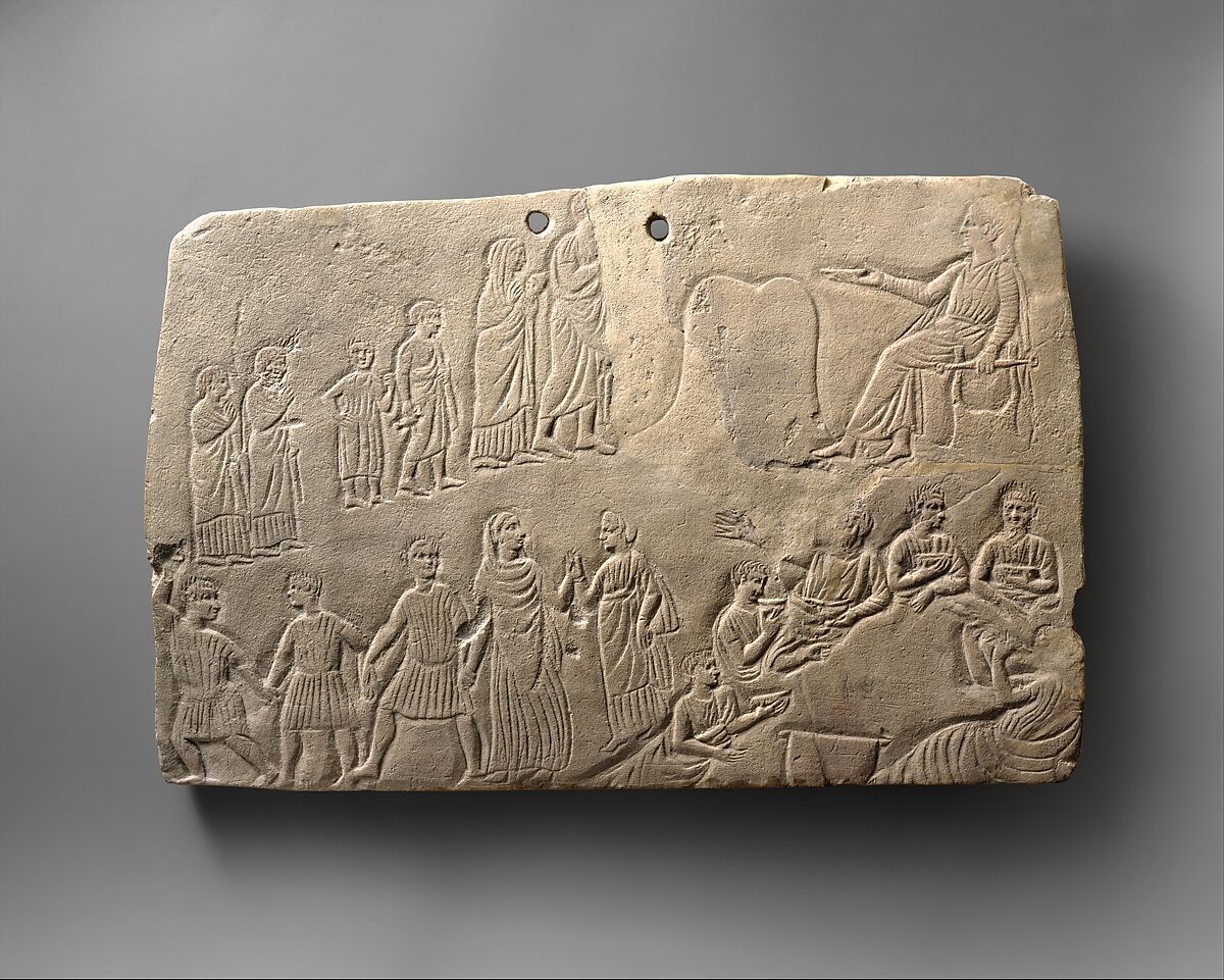 Limestone votive relief with worship and banquet scenes, Limestone, Cypriot 