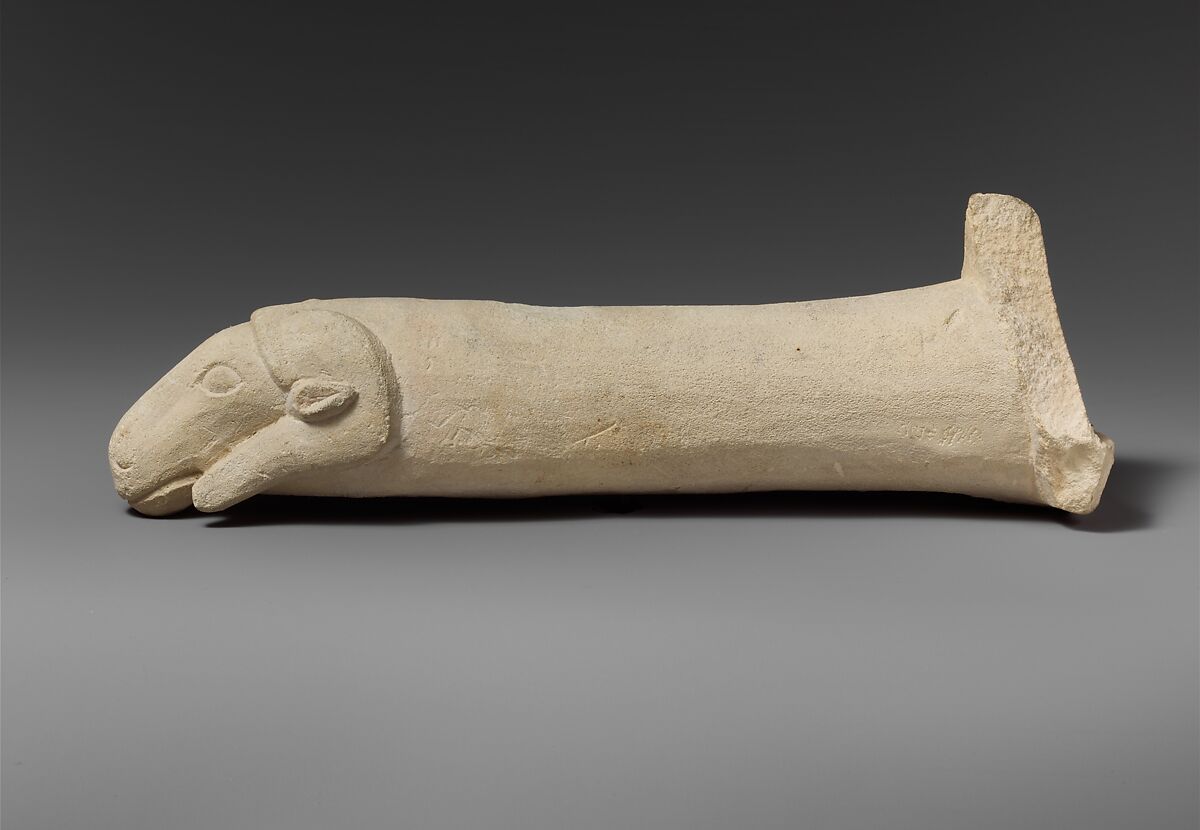 Limestone handle of a patera or a fire shovel ending in a ram’s head, Limestone, Cypriot 