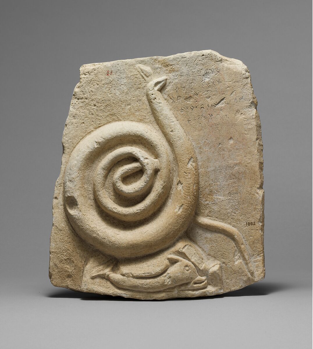 Fragmentary limestone relief with a snake and dolphin, Limestone, Cypriot 