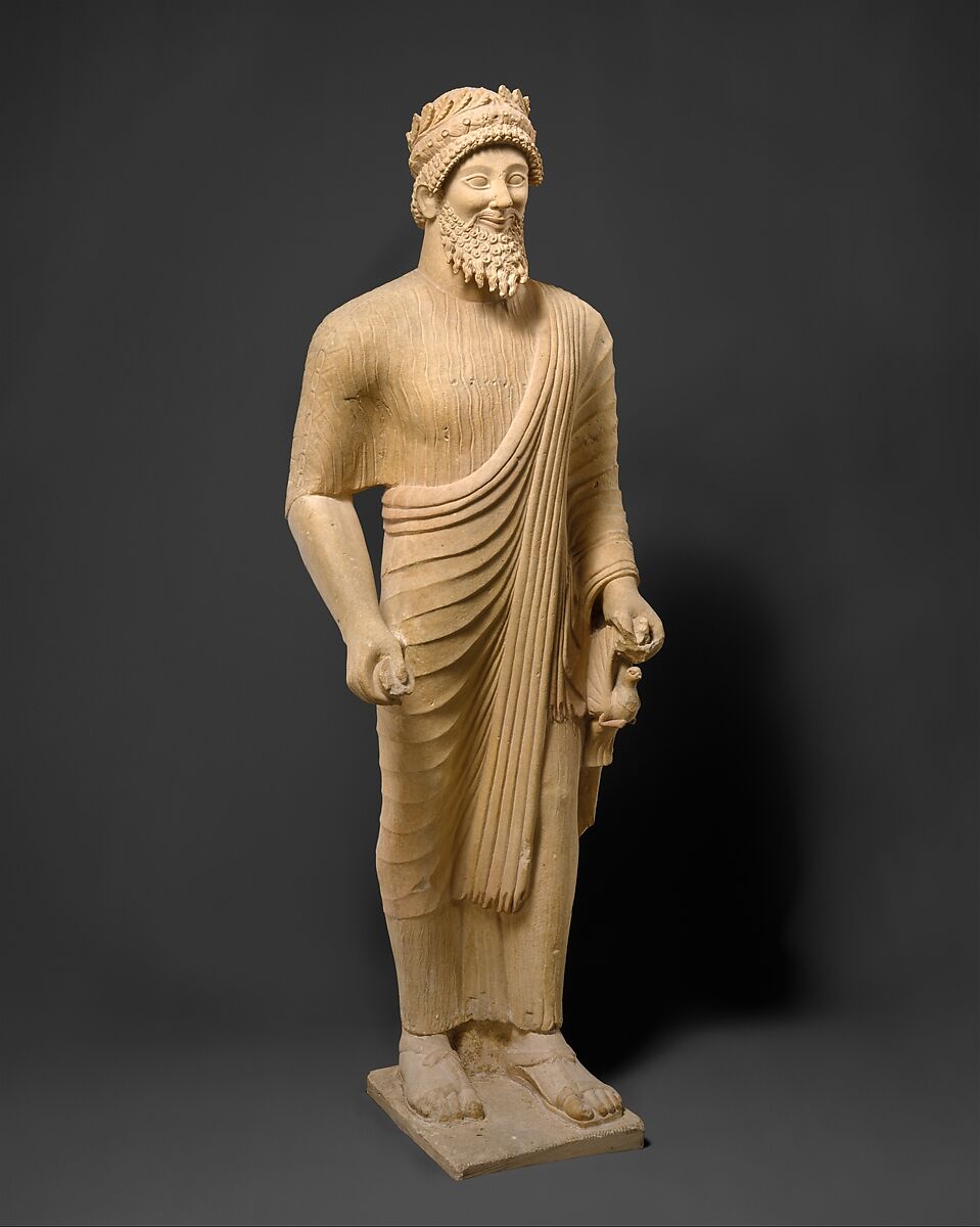 Limestone statue of a bearded man with votive offerings