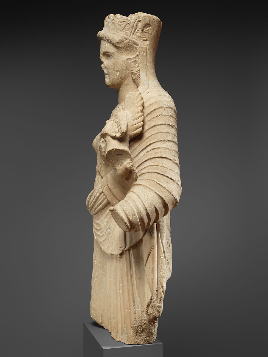 Limestone statue of Aphrodite holding winged Eros, Limestone, Cypriot