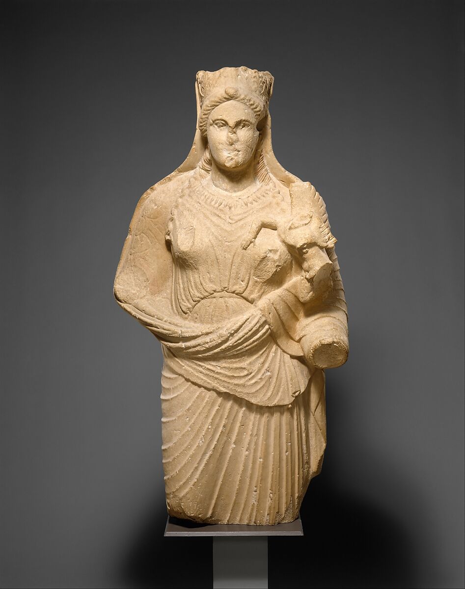 Limestone statue of Aphrodite holding winged Eros, Limestone, Cypriot 