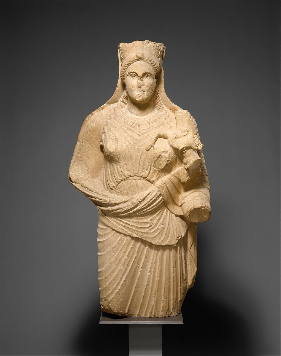 Limestone statue of Aphrodite holding winged Eros, Limestone, Cypriot