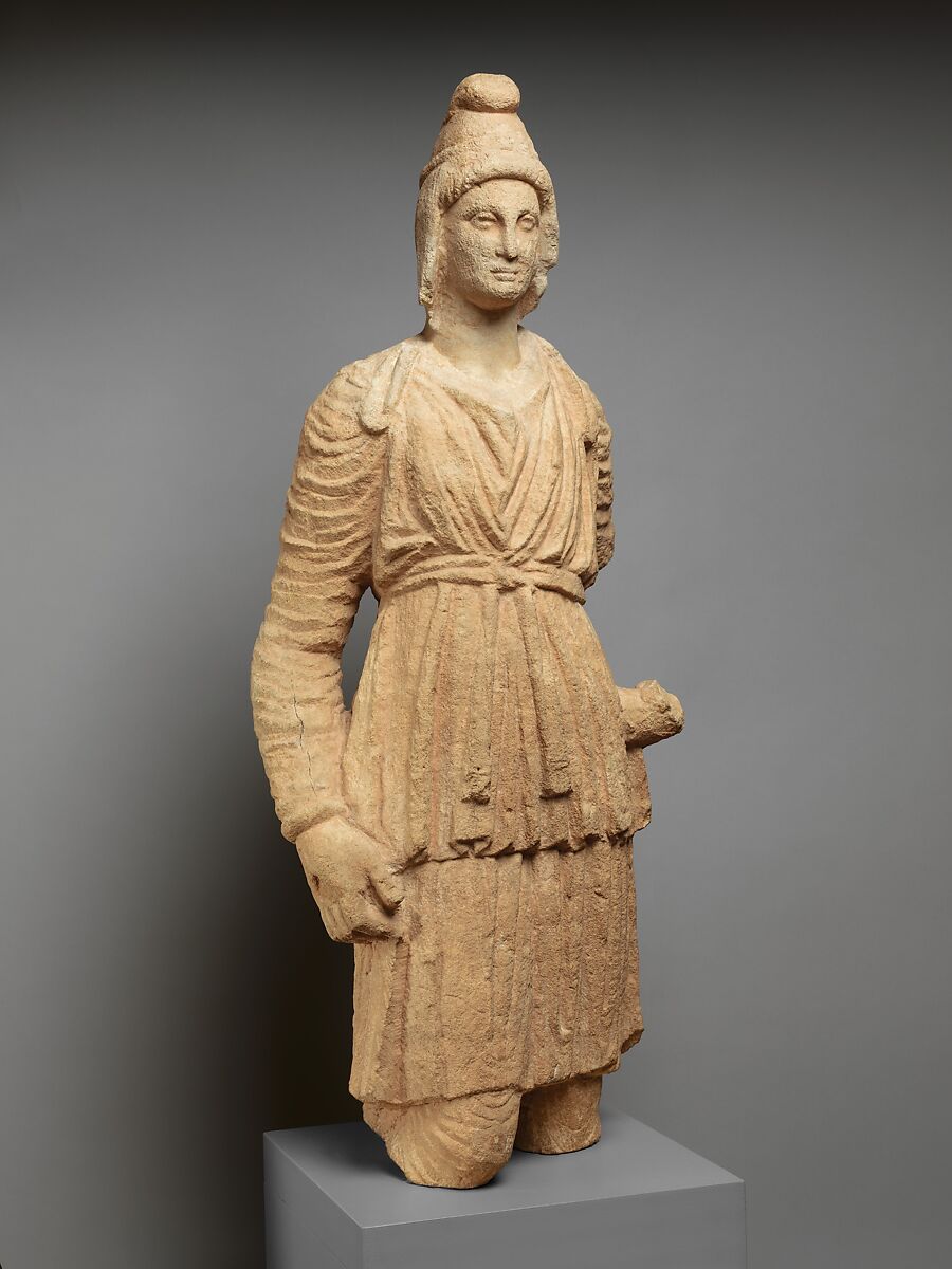 Limestone statue of Artemis Bendis, Hard limestone, Cypriot 