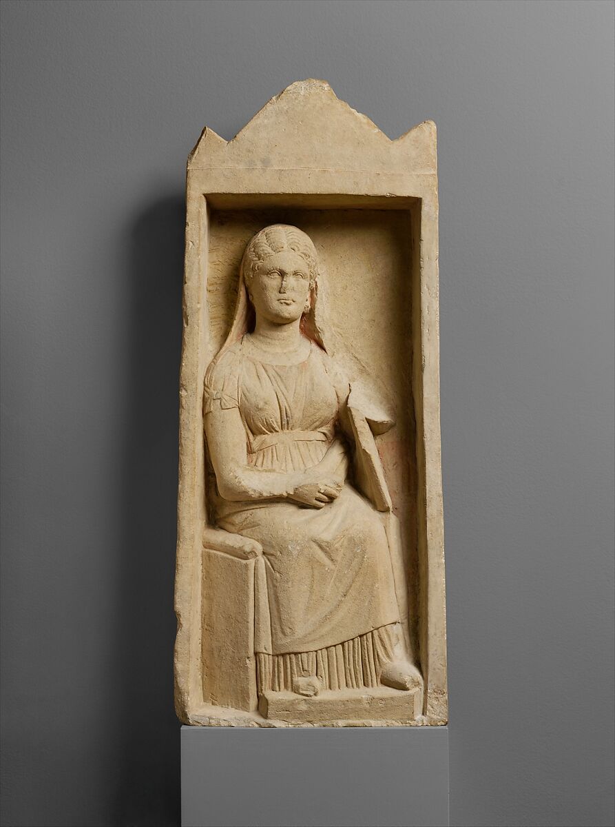Limestone funerary monument with a seated woman, Limestone, Cypriot 