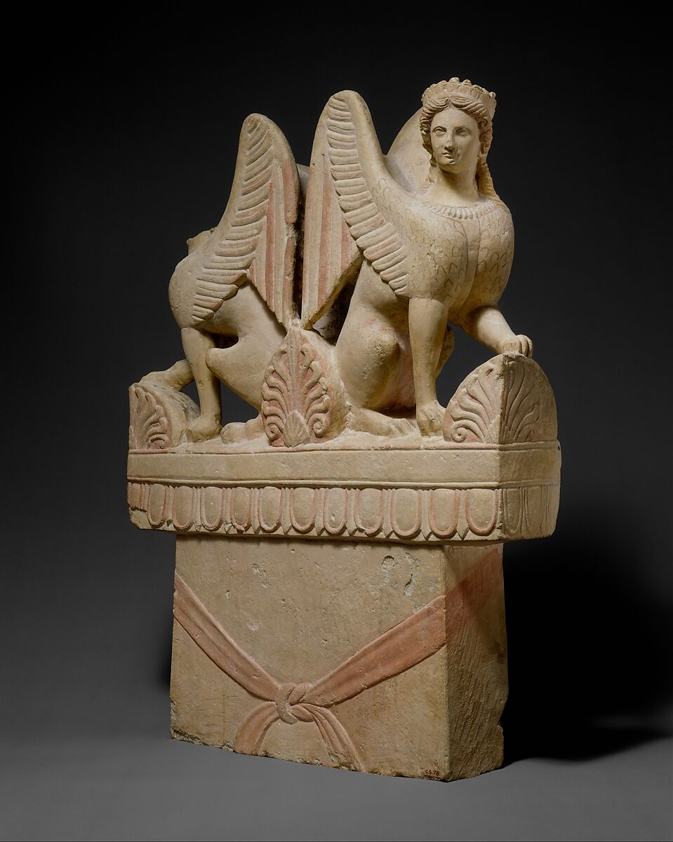 Limestone funerary stele (shaft) surmounted by two sphinxes, Limestone, Cypriot