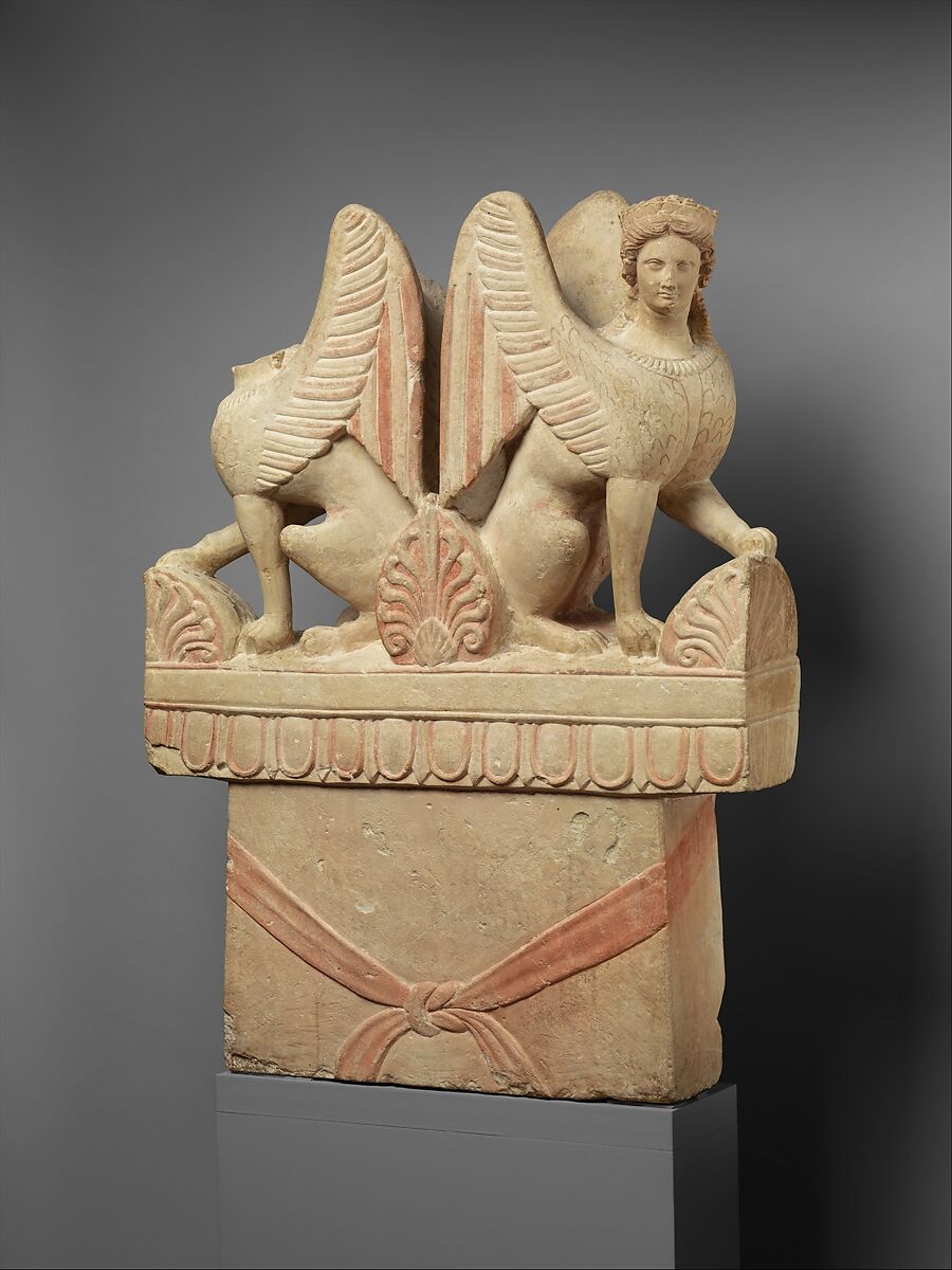 Limestone funerary stele (shaft) surmounted by two sphinxes