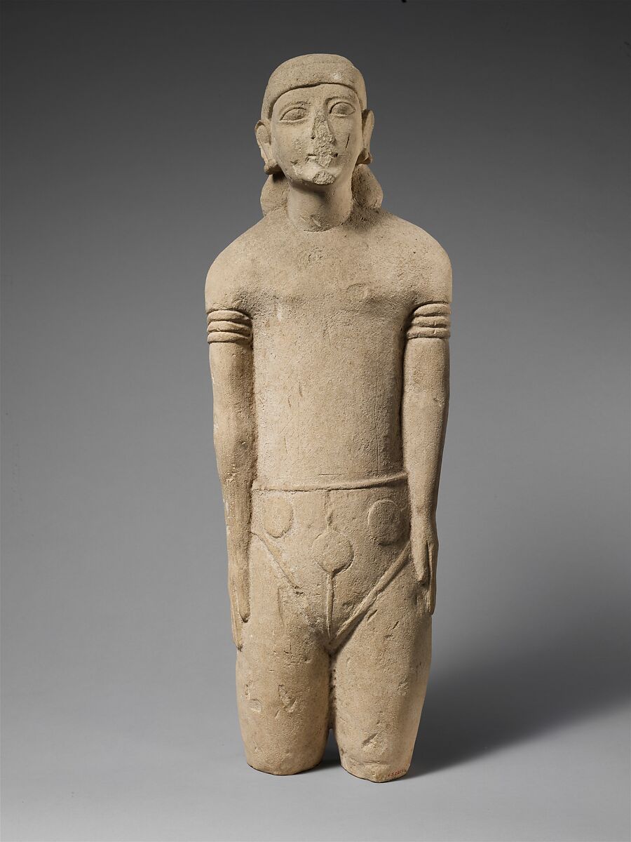 Limestone statuette of a male votary with Cypriot shorts and a diadem, Limestone, Cypriot 