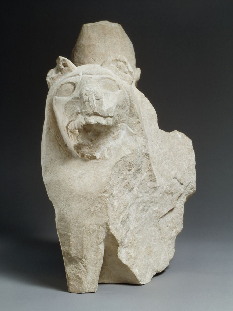 Limestone finial of a votive stele (?) with a lion and a male sphinx, Limestone, Cypriot