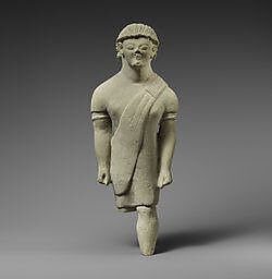 Limestone statuette of a beardless male votary in Greek dress, Limestone, Cypriot