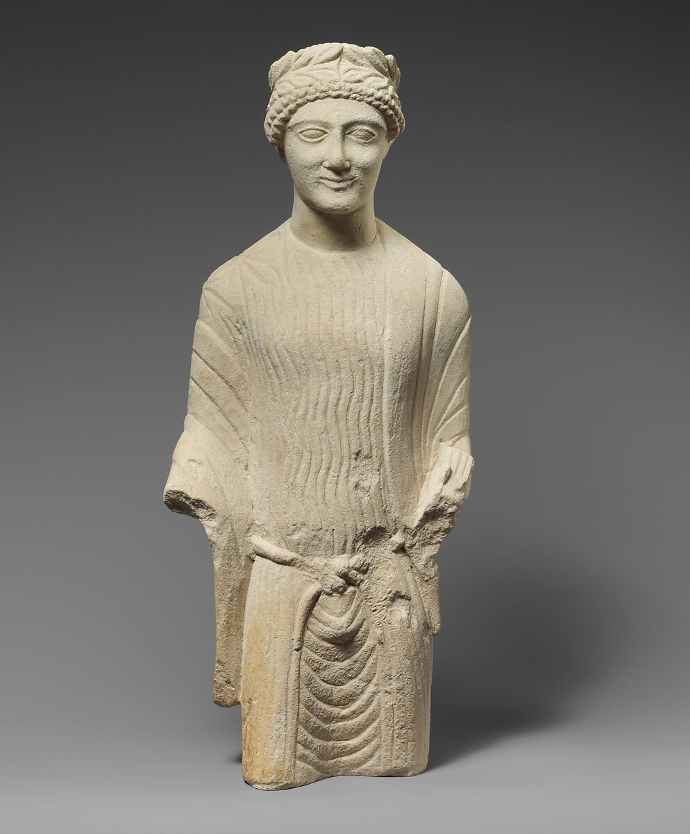 Limestone statuette of a beardless male votary with a wreath of leaves, Limestone, Cypriot 
