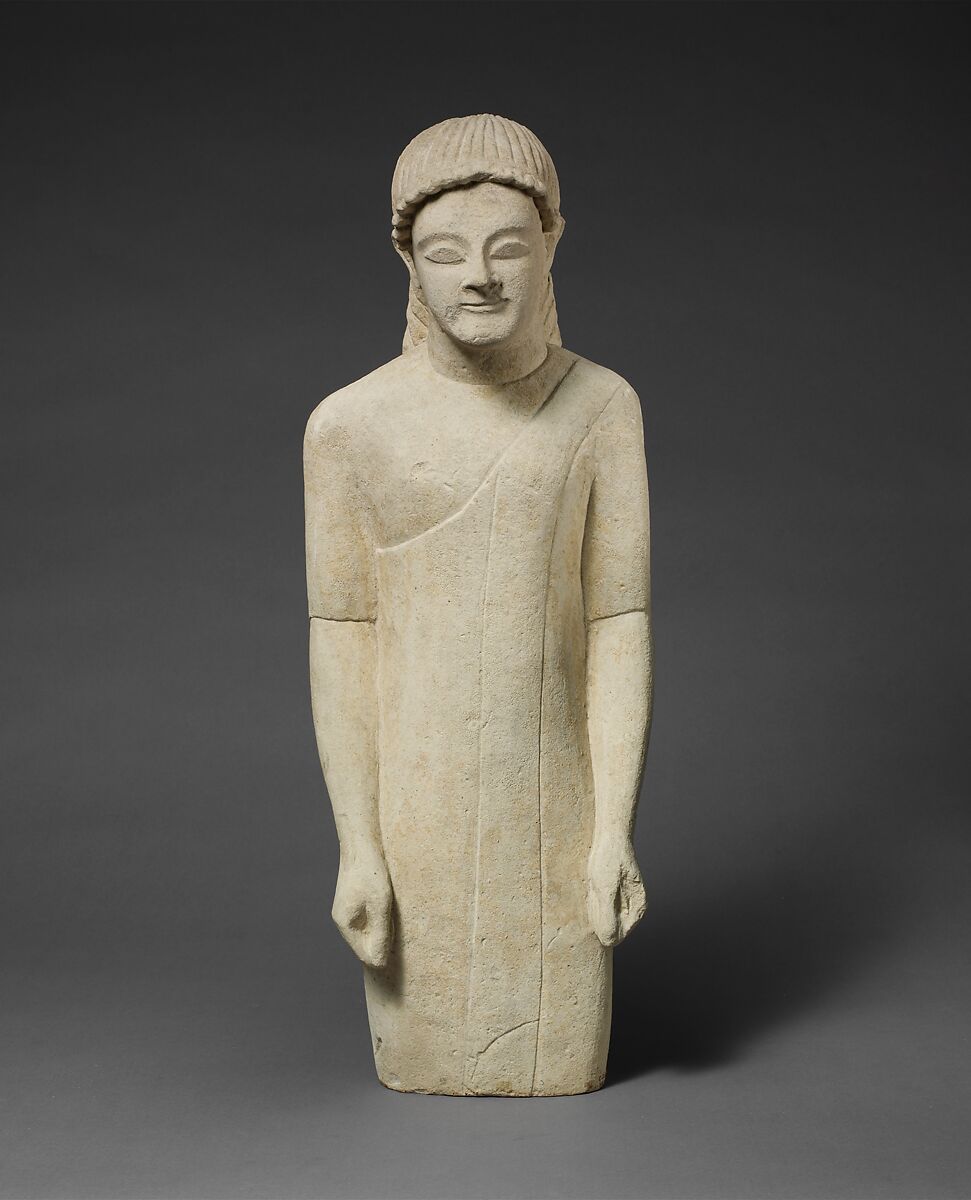 Limestone statuette of a beardless male votary in Greek dress, Limestone, Cypriot 