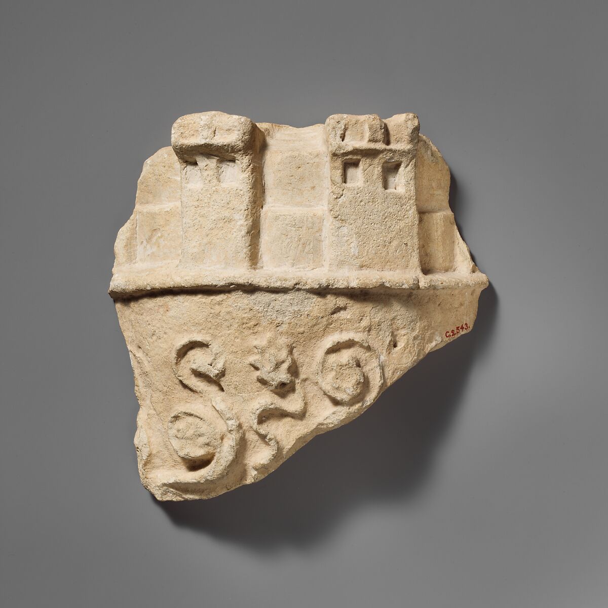 Fragment of a limestone crown belonging to a statue of the Great Goddess, Limestone, Cypriot 