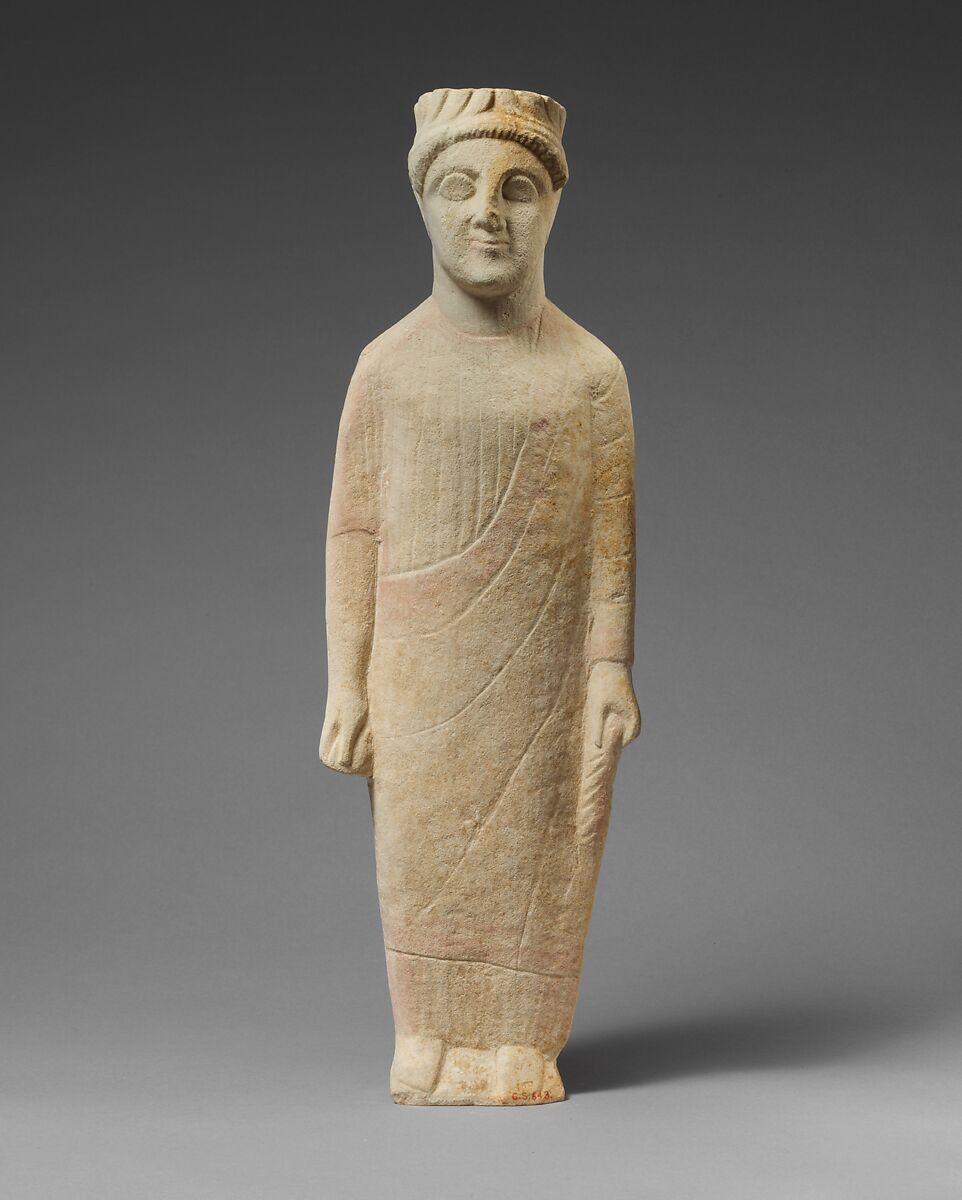 Limestone statuette of a beardless male votary with a wreath of leaves, Limestone, Cypriot 