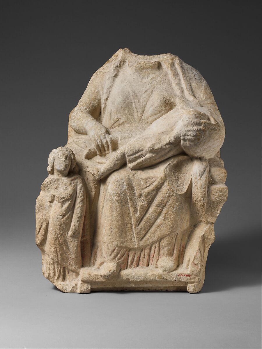 Seated limestone kourotrophos with another child standing, Limestone, Cypriot 