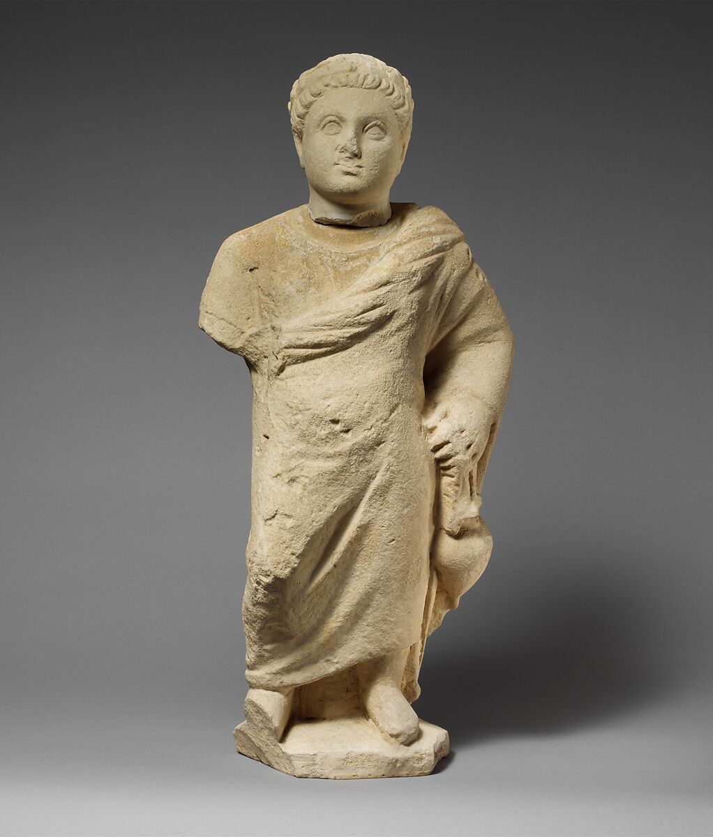 Limestone statuette of a boy holding an amphora, Limestone, Cypriot 