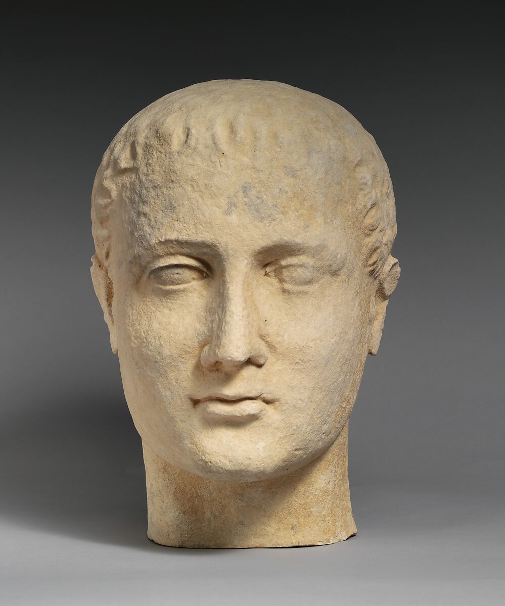 Limestone head of a beardless male votary, Limestone, Cypriot 