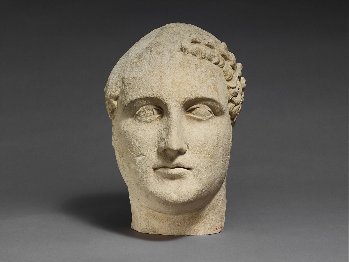 Limestone head of a beardless male votary, Limestone, Cypriot 