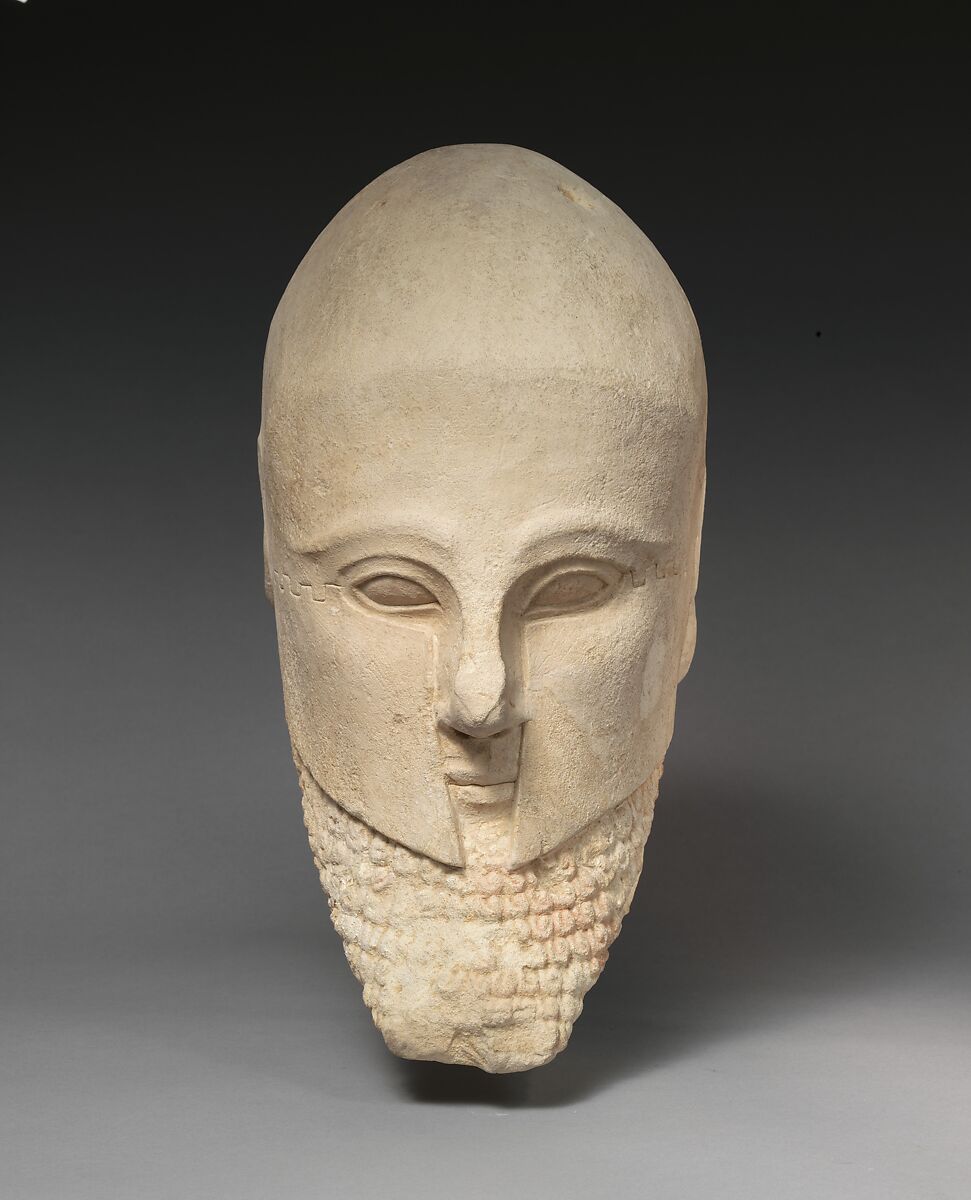 Limestone bearded head with a Corinthian helmet, Limestone, Cypriot 