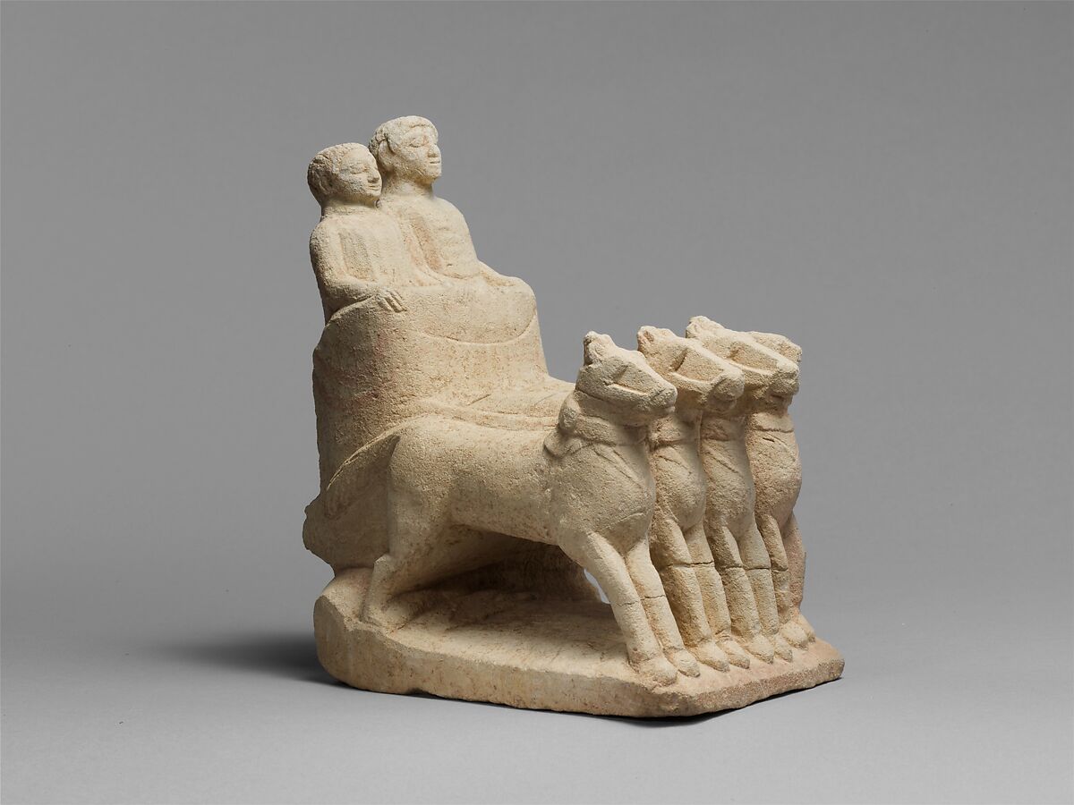 Limestone votive chariot with four horses and two figures, Limestone, Cypriot 
