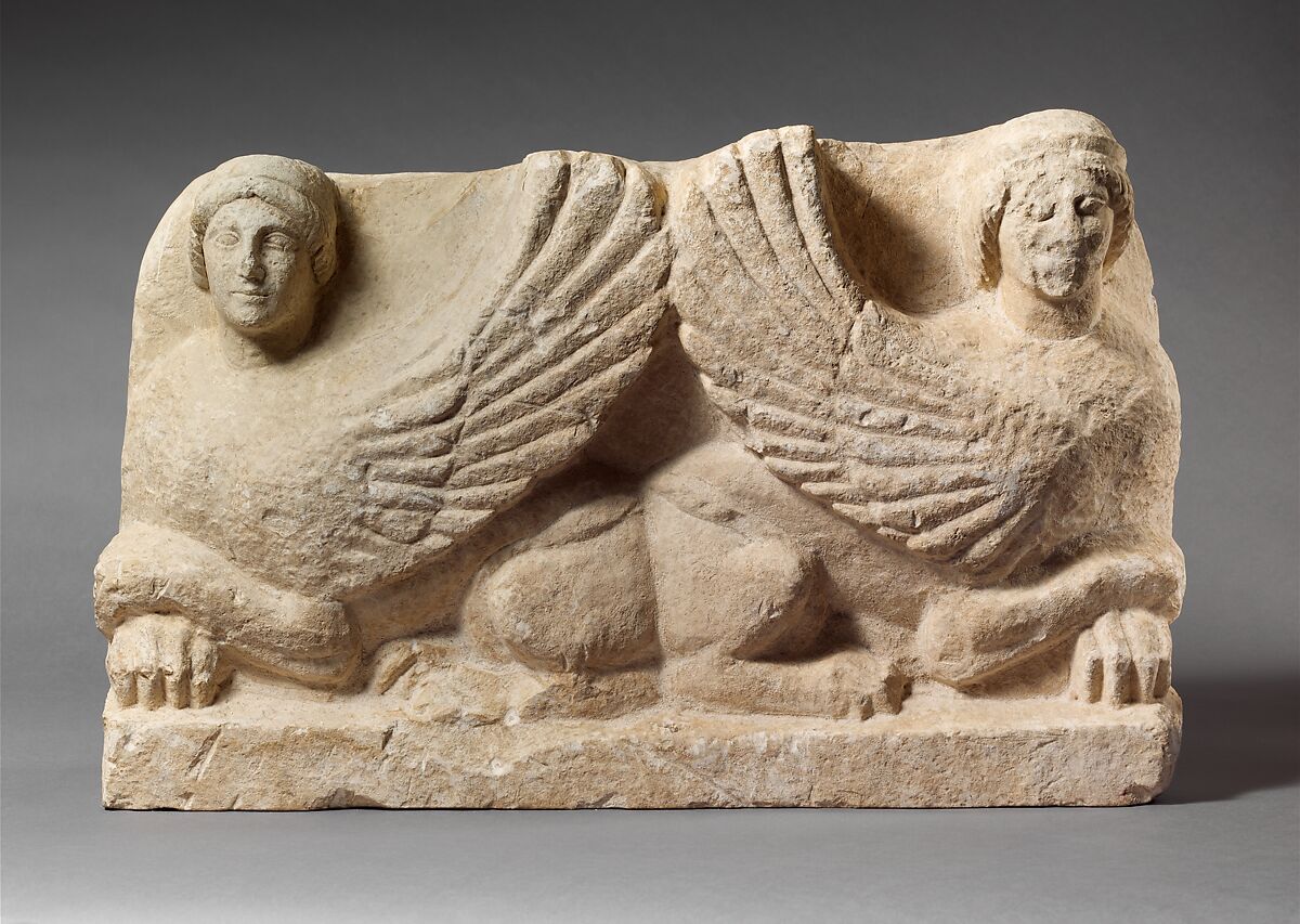 Limestone funerary stele with antithetical sphinxes, Limestone, Cypriot 