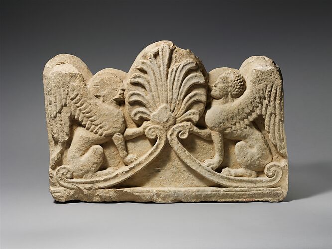 Limestone grave relief with two sphinxes