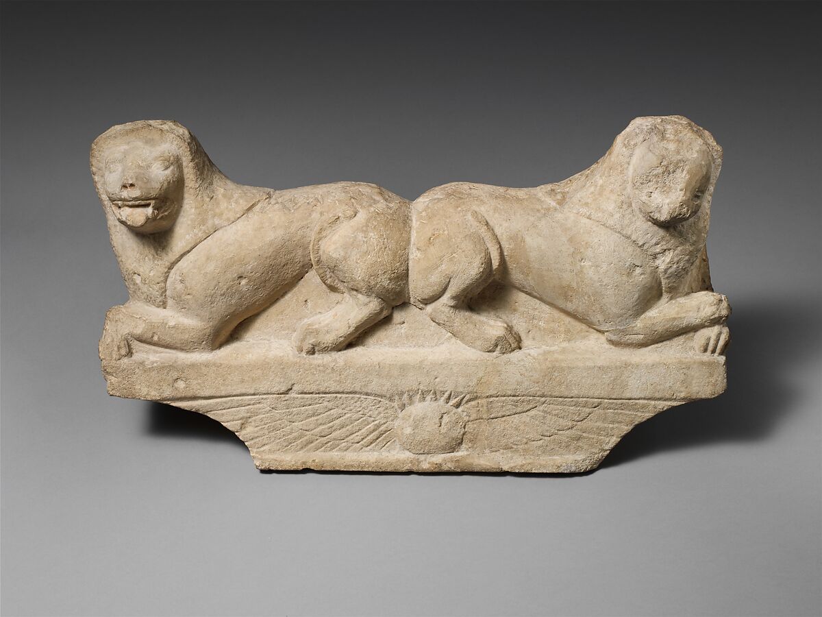 Limestone finial of a funerary stele with two recumbent lions, Limestone, Cypriot 