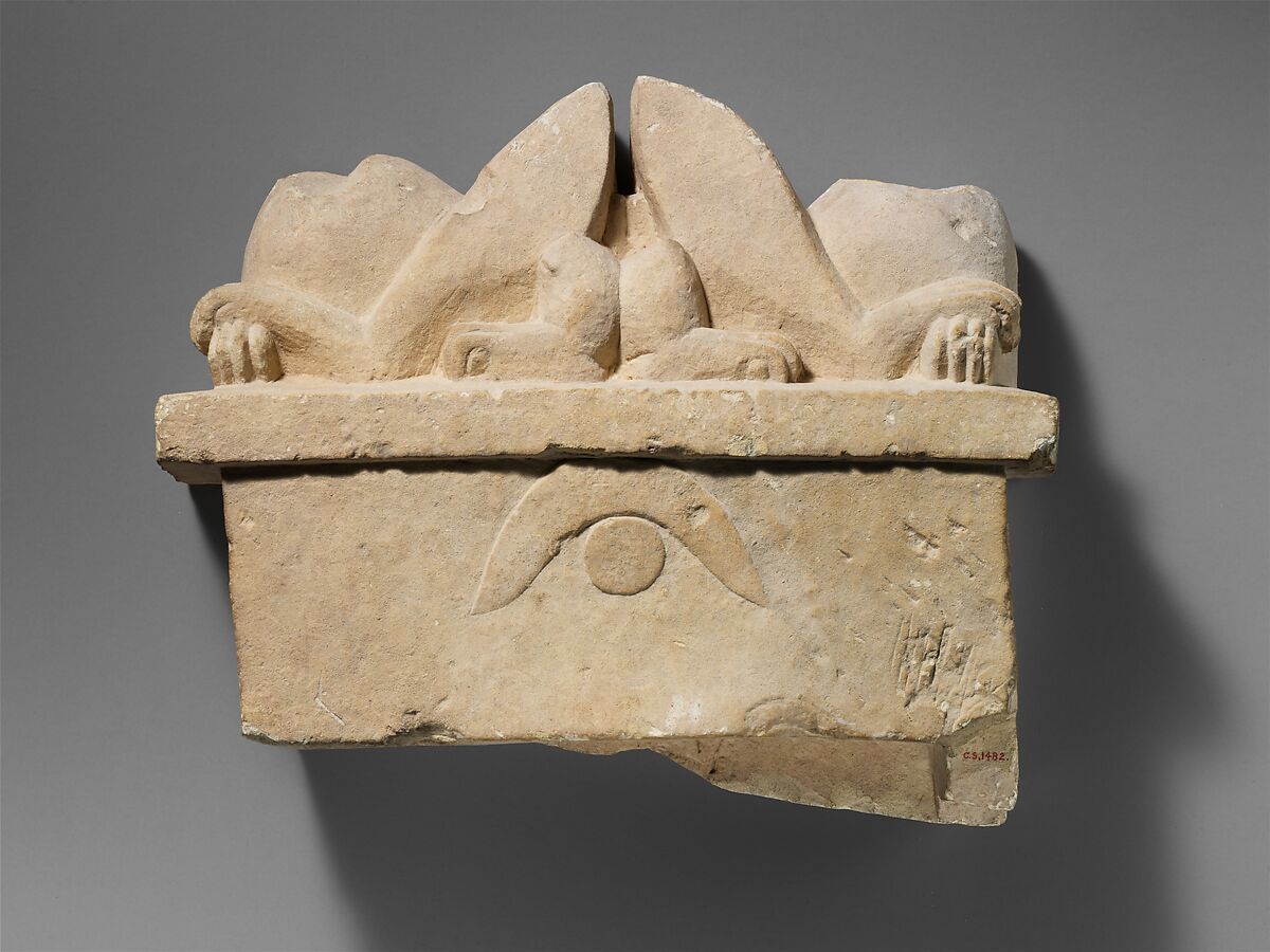 Limestone funerary stele with two recumbent sphinxes, Limestone, Cypriot 