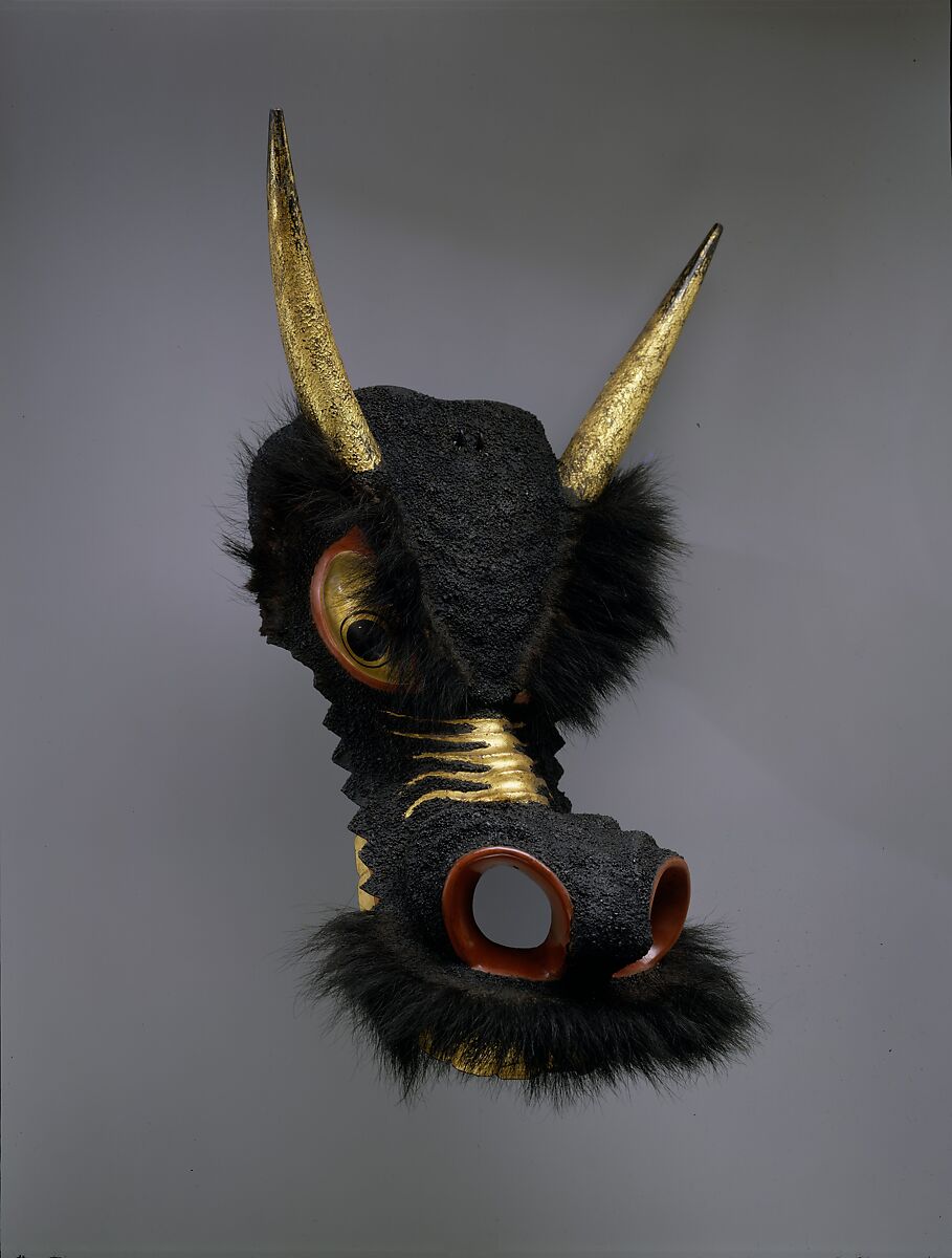 Shaffron (Horse's Head Defense), Papier-maché, wood, lacquer, gold, hair, Japanese 