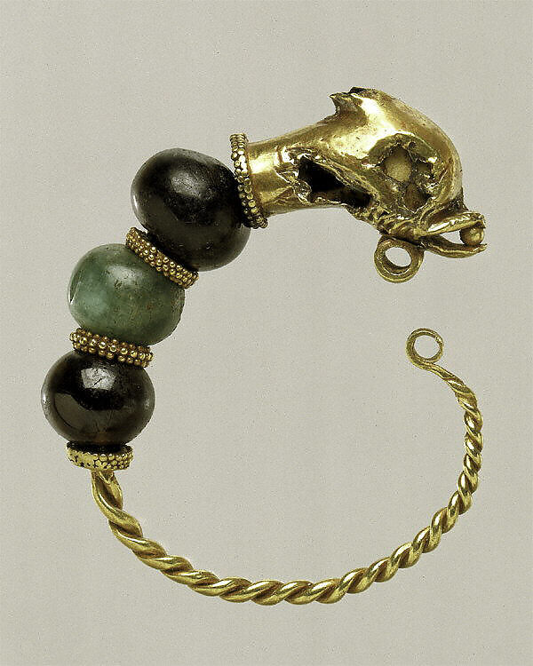 Gold, beryl, and garnet earring with head of a dolphin, Gold, beryl, garnet, Cypriot