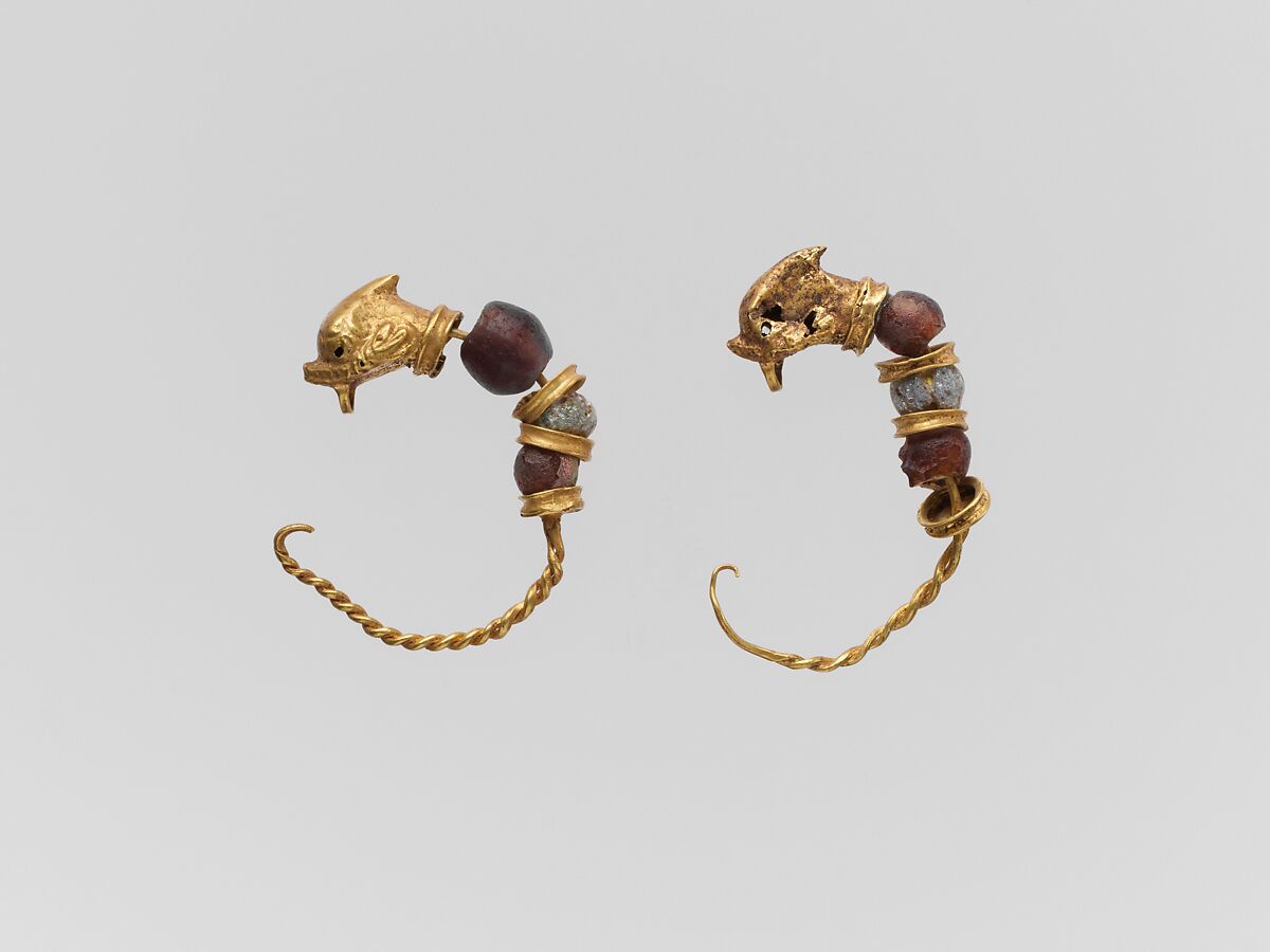 Gold and glass earring with head of a dolphin, Gold, glass paste, Greek 