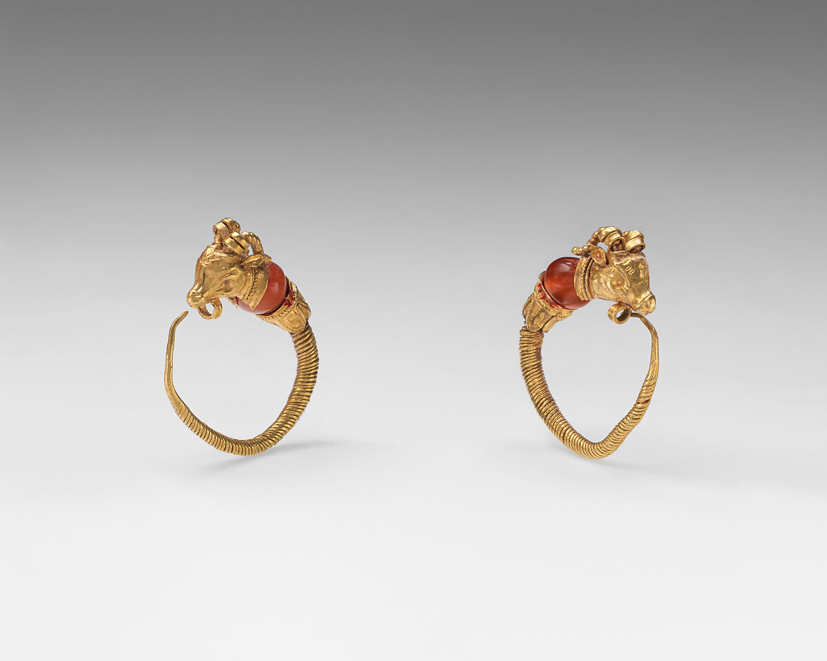 Gold earring with head of a goat, Gold, Greek