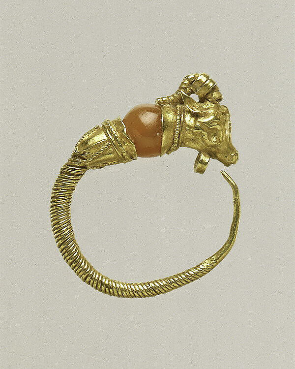 Gold earring with head of a goat, Gold, Greek 