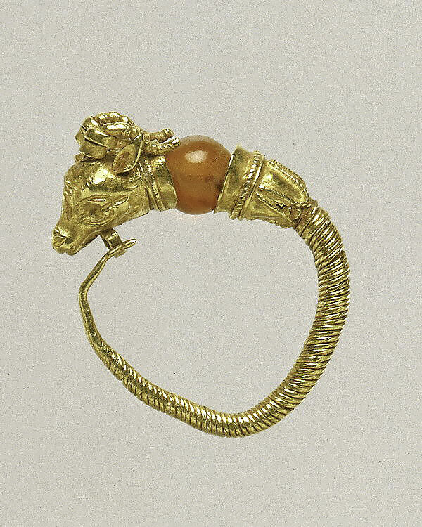Gold earring with head of a goat, Gold, Greek 